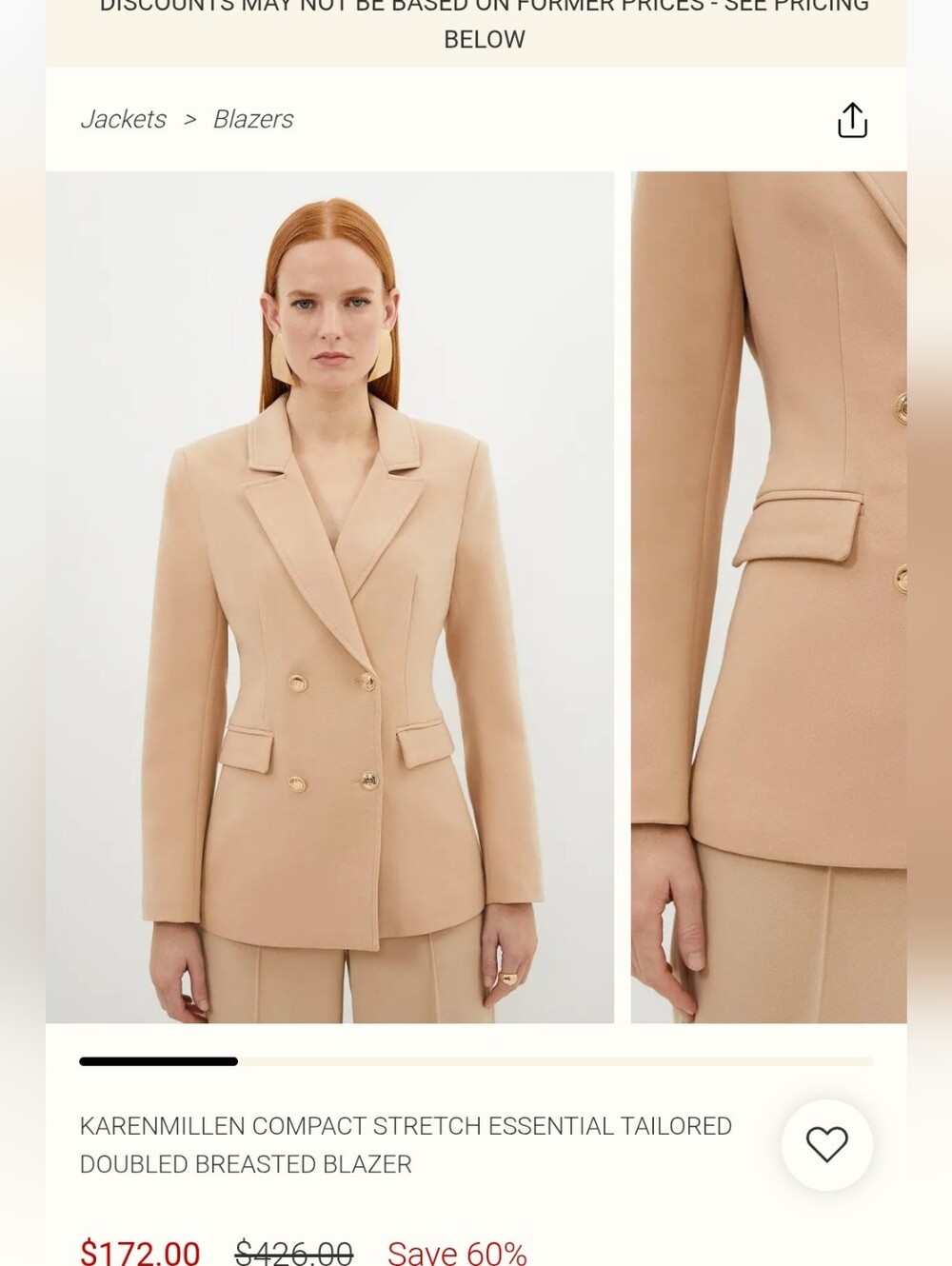 Karen Millen Compact Stretch Essential Tailored Doubled Breasted Blazer US 6